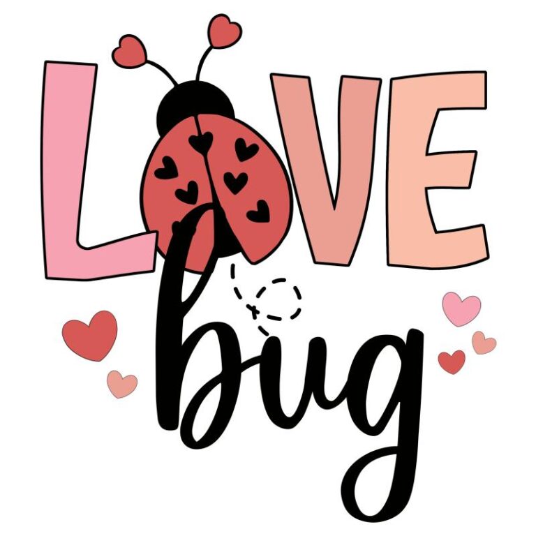 A sweet ladybug design with heart-shaped spots and the words "Love Bug" in playful lettering, surrounded by hearts.