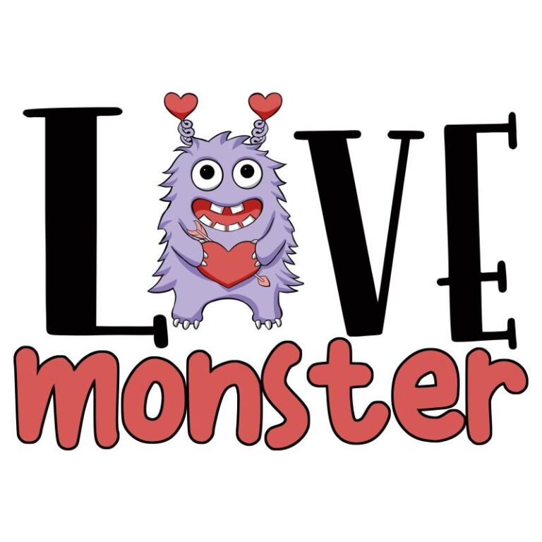 Playful purple monster holding a heart, surrounded by the words "LOVE monster" in bold black and red lettering, perfect for Valentine’s Day designs.