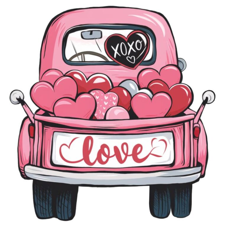 Valentine's Day DTF transfer featuring a pink vintage truck filled with heart-shaped balloons and the word "love" on the license plate.