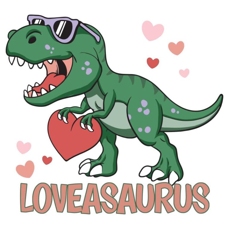 A green dinosaur wearing sunglasses, holding a red heart, with the word "LOVEASAURUS" in playful lettering surrounded by hearts.