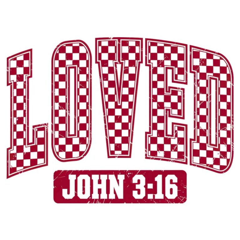 A bold "LOVED" design with a checkered pattern and "John 3:16" text in a distressed vintage style, perfect for faith-inspired Valentine's Day apparel and crafts.