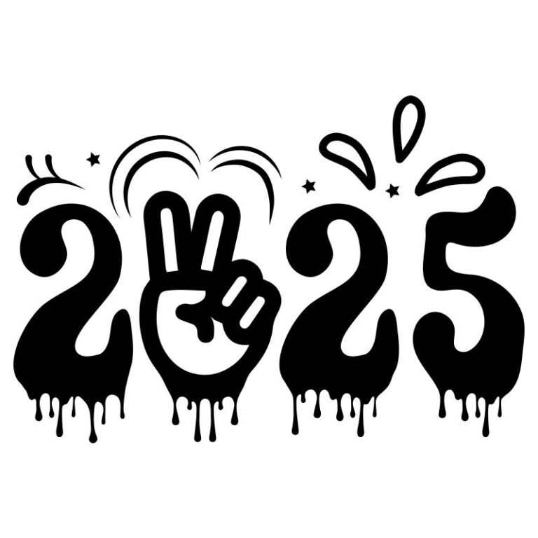 New Year 2025 design featuring bold dripping numbers with a peace sign integrated into the zero, surrounded by celebratory elements like stars and splashes.