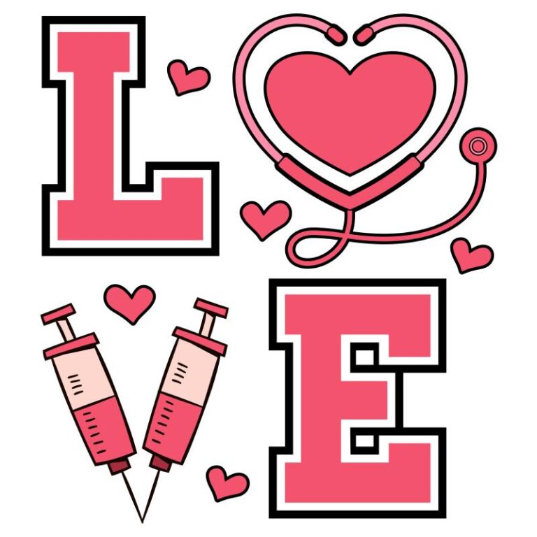 Valentine's Day DTF transfer featuring "LOVE" with a stethoscope heart, syringes, and pink Valentine-themed elements in a medical design.