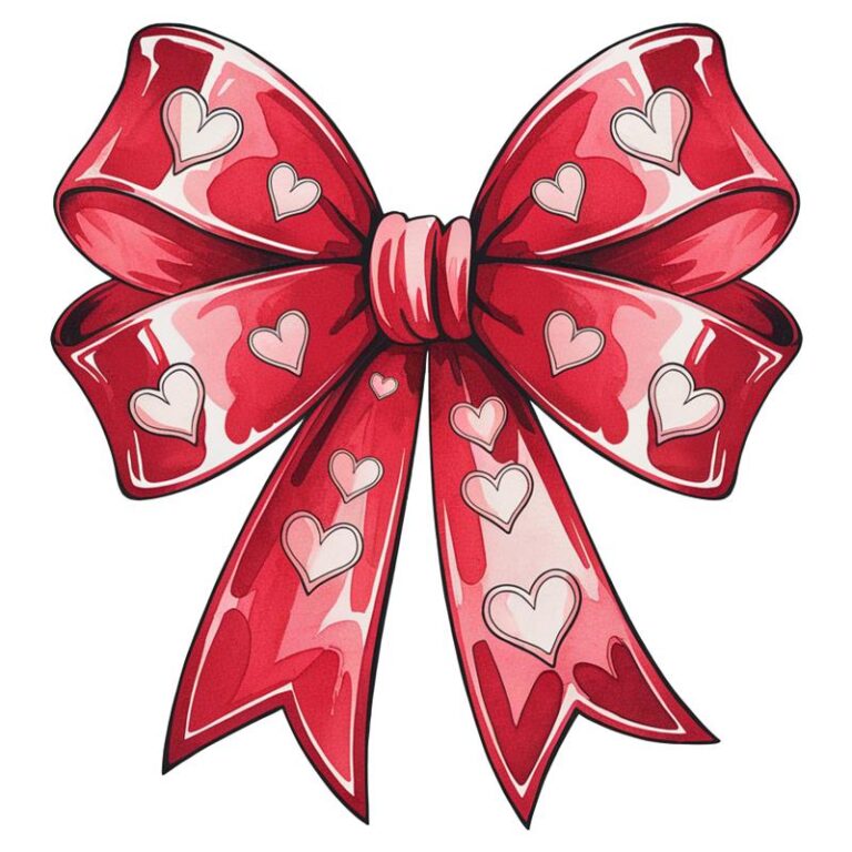 Red bow with heart accents and a glossy finish, perfect for Valentine's Day crafts, apparel, and gifts.