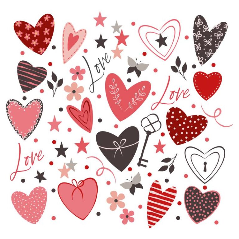 A collage of red and black hearts in various patterns, surrounded by stars, flowers, and keys, with the word "Love" written in script.