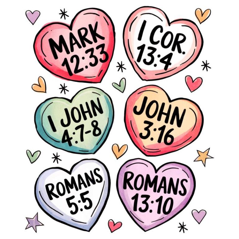 Colorful conversation hearts featuring Bible verses: Mark 12:33, I Corinthians 13:4, I John 4:7-8, John 3:16, Romans 5:5, and Romans 13:10, surrounded by small stars and hearts.