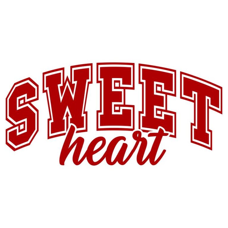 Sweetheart design featuring bold varsity-style lettering with a cursive "heart" below, perfect for Valentine's Day apparel and crafts.