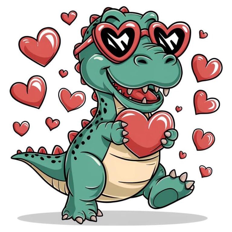 Valentine's Day DTF transfer featuring a cheerful T-Rex wearing heart-shaped sunglasses, holding a red heart, surrounded by floating hearts.