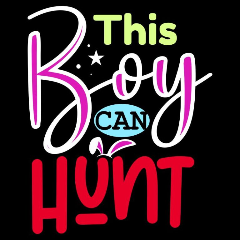 Easter-themed "This Boy Can Hunt" design featuring playful fonts, vibrant colors, and bunny elements, perfect for DIY projects.