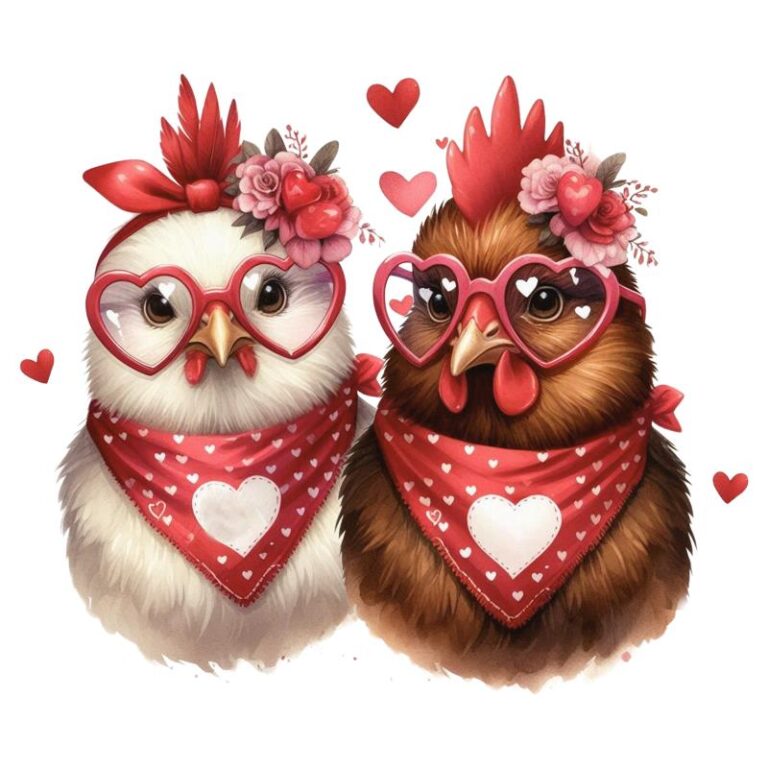 Adorable Valentine-themed chicks wearing heart-shaped glasses and festive bandanas with heart patterns.