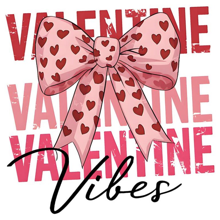 Pink retro bow with heart patterns and the words "Valentine Vibes" in a playful design.