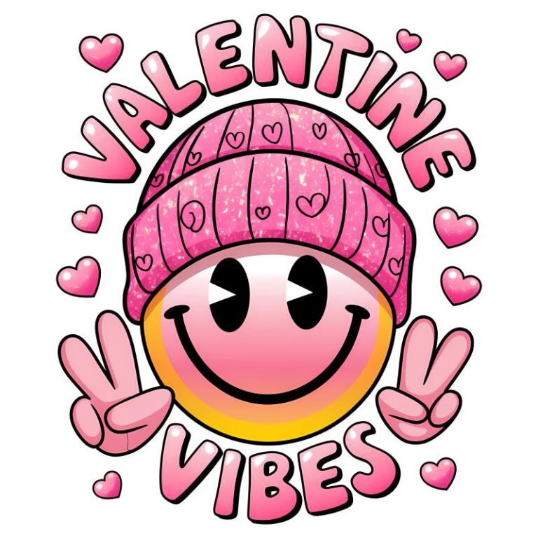 Valentine's Day DTF transfer featuring a smiley face with a pink heart-patterned beanie, surrounded by hearts and the text "Valentine Vibes."