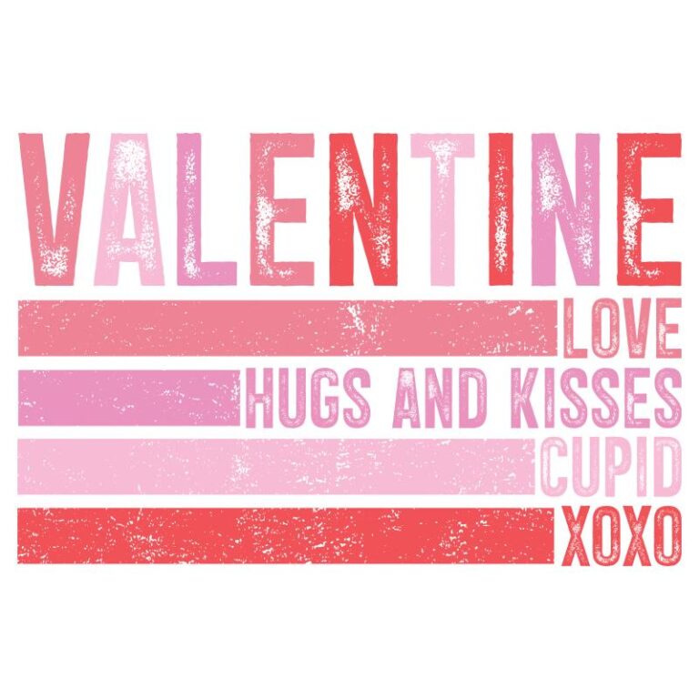 Valentine-themed word art featuring the words "Valentine," "Love," "Hugs and Kisses," "Cupid," and "XOXO" in shades of red and pink with a distressed texture.