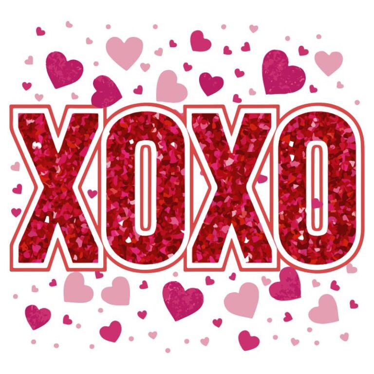 A glittery "XOXO" design surrounded by pink and red hearts, perfect for Valentine's Day apparel and craft projects.