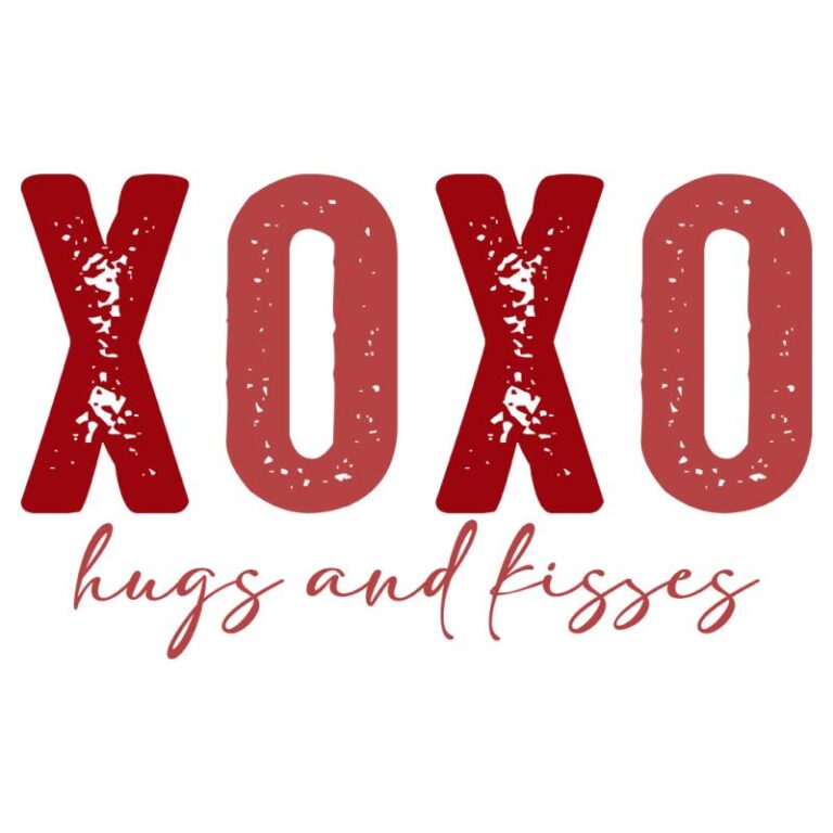 XOXO Hugs and Kisses design in red with a distressed texture and cursive text below reading "hugs and kisses," perfect for Valentine's Day heat transfers.