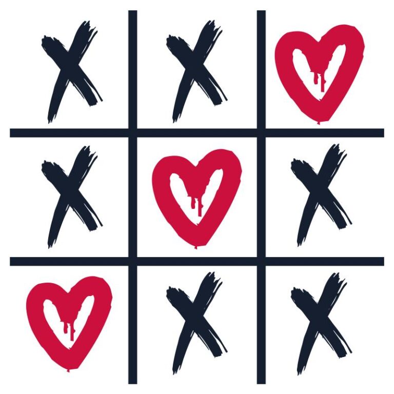 Valentine's Day DTF transfer featuring a tic-tac-toe design with red hearts and bold black Xs, perfect for festive apparel and gifts.