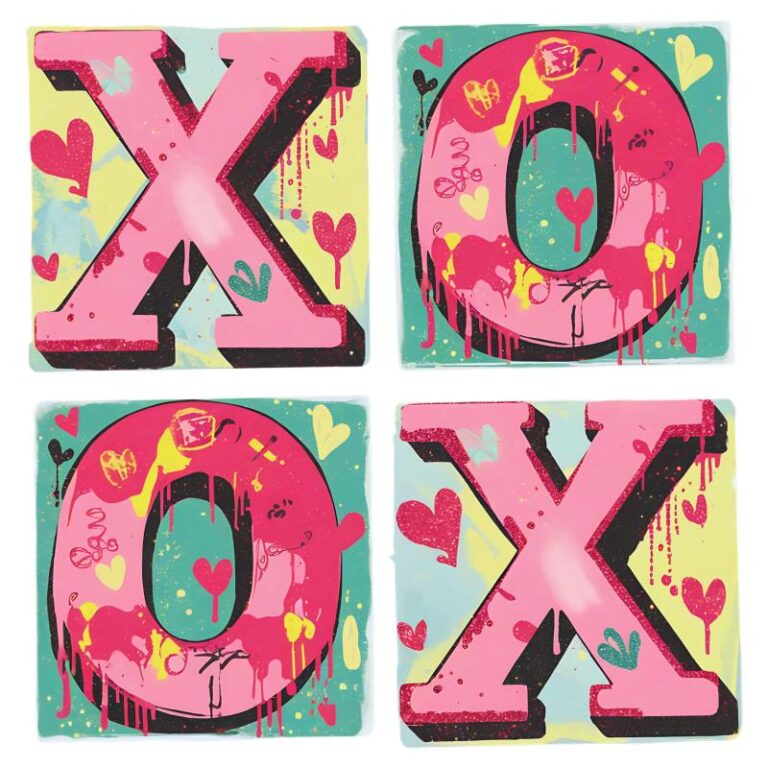 Valentine's Day DTF transfer featuring bold "XOXO" letters with vibrant wet paint effects, graffiti-inspired hearts, and abstract splashes.