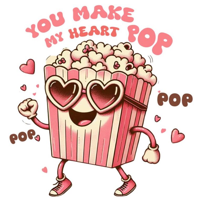 A cheerful popcorn box with heart-shaped sunglasses, surrounded by hearts and text that reads "You Make My Heart Pop," perfect for Valentine's Day crafts and apparel.